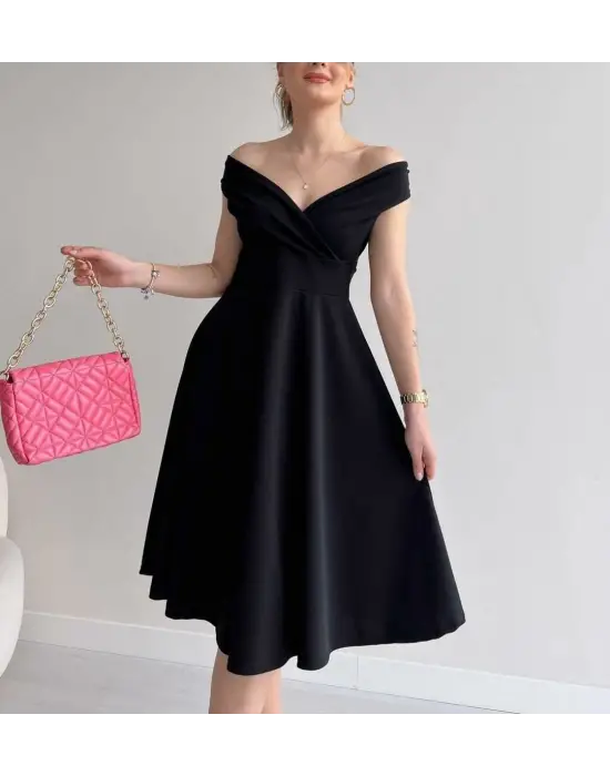 Kadın Kısa Kollu Kruvaze Yaka Eteği Volanlı Krep Elbise