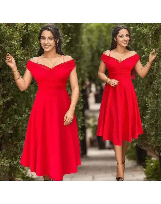 Kadın Kısa Kollu Kruvaze Yaka Eteği Volanlı Krep Elbise