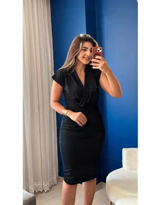 Omarı Elegan Kadın Kısa Kollu Krep Elbise
