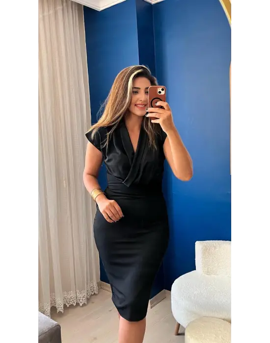 Omarı Elegan Kadın Kısa Kollu Krep Elbise