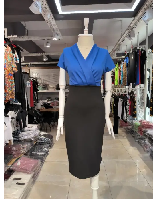 Kadın Kısa Kollu Kruvaze Yaka Krep Elbise (Kemersiz)