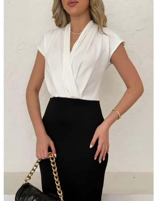 Kadın Kısa Kollu Kruvaze Yaka Krep Elbise (Kemersiz)