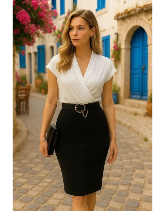 Kadın Kısa Kollu Kruvaze Yaka Krep Elbise (Kemersiz)