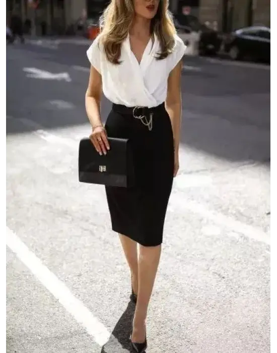 Kadın Kısa Kollu Kruvaze Yaka Krep Elbise (Kemersiz)