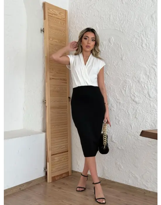 Kadın Kısa Kollu Kruvaze Yaka Krep Elbise (Kemersiz)