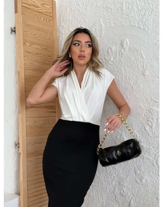 Kadın Kısa Kollu Kruvaze Yaka Krep Elbise (Kemersiz)