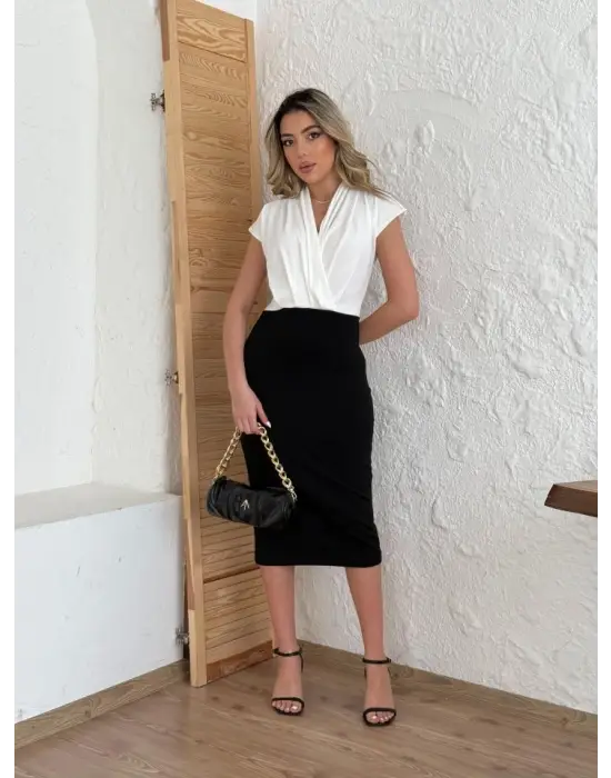 Kadın Kısa Kollu Kruvaze Yaka Krep Elbise (Kemersiz)