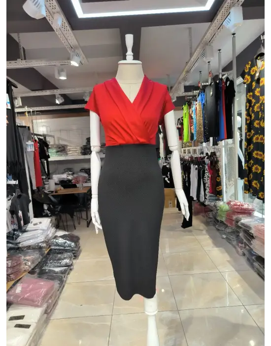 Kadın Kısa Kollu Kruvaze Yaka Krep Elbise (Kemersiz)