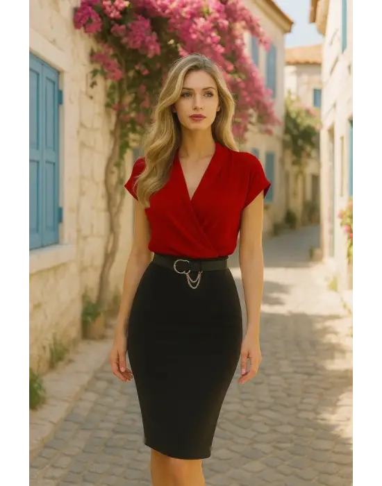 Kadın Kısa Kollu Kruvaze Yaka Krep Elbise (Kemersiz)