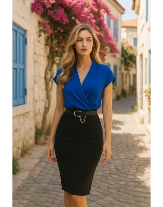 Kadın Kısa Kollu Kruvaze Yaka Krep Elbise (Kemersiz)