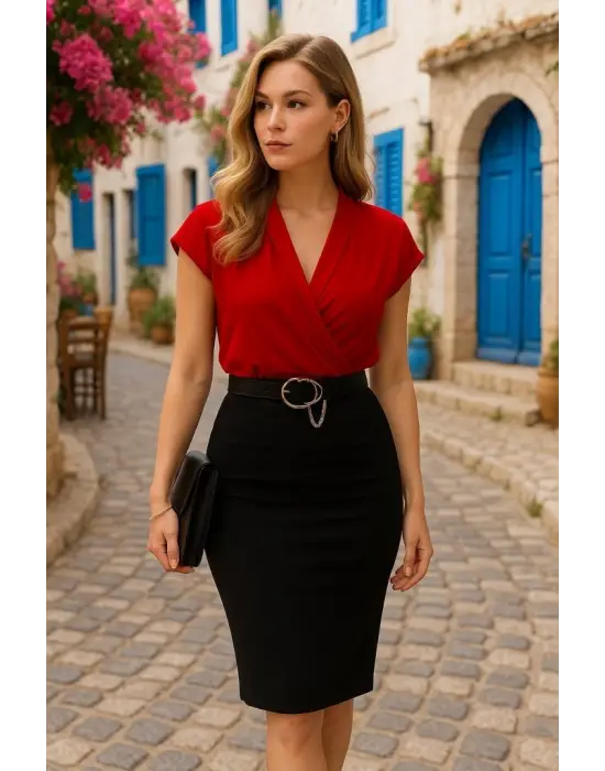 Kadın Kısa Kollu Kruvaze Yaka Krep Elbise (Kemersiz)