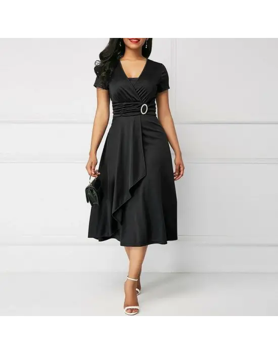 Kadın Kısa Kollu Kruvaze Yaka Kuşak Ve Toka Detay Krep Elbise