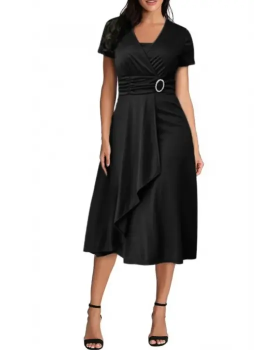 Kadın Kısa Kollu Kruvaze Yaka Kuşak Ve Toka Detay Krep Elbise