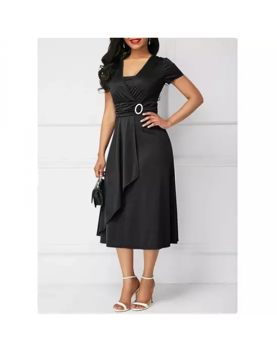 Kadın Kısa Kollu Kruvaze Yaka Kuşak Ve Toka Detay Krep Elbise