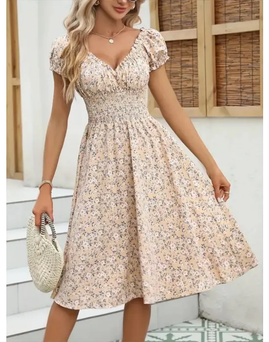 Omarı Çiçek Desenli Kruvaze Yaka Elbise