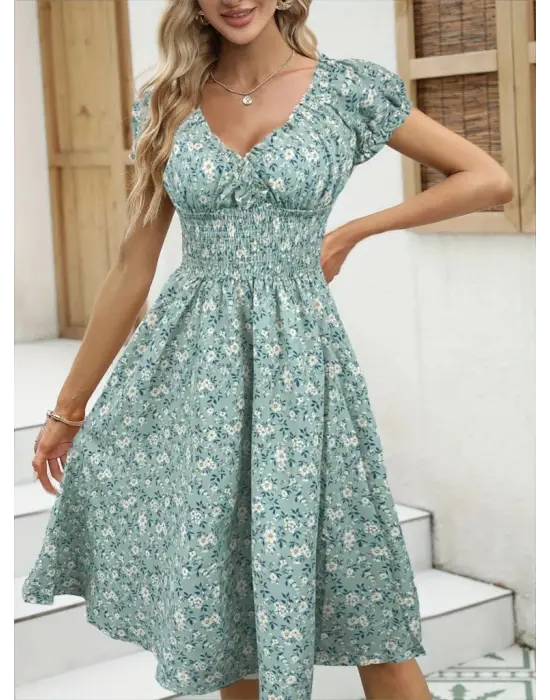 Kadın Kısa Kollu Kruvaze Yaka Lastikli Belden Gipeli çiçek Desenli Suprem Elbise