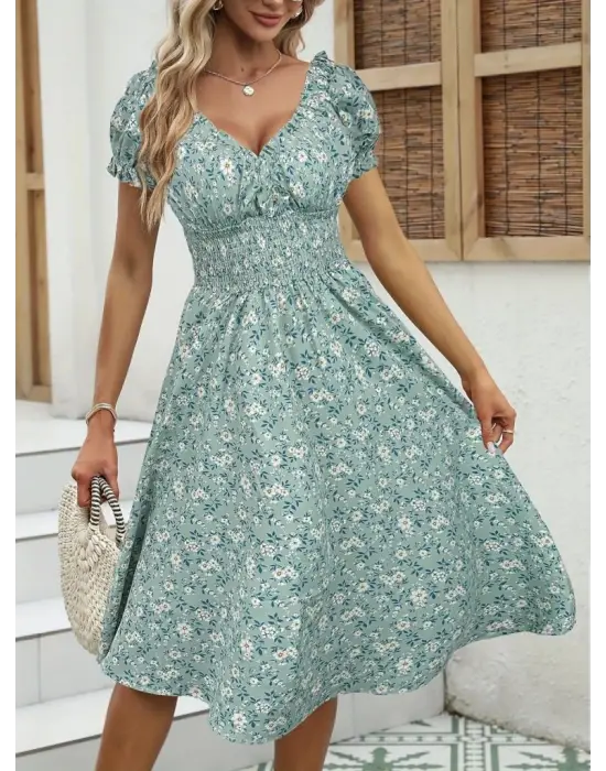 Kadın Kısa Kollu Kruvaze Yaka Lastikli Belden Gipeli çiçek Desenli Suprem Elbise