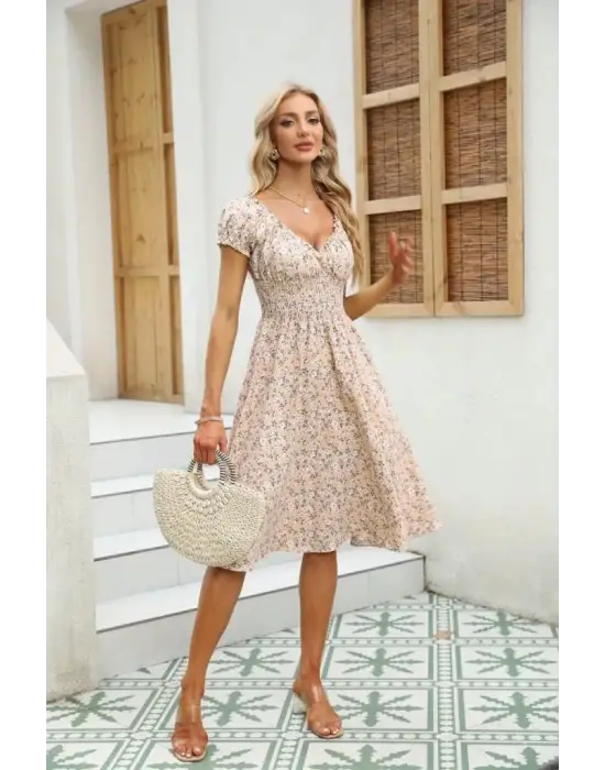 Omarı Çiçek Desenli Kruvaze Yaka Elbise