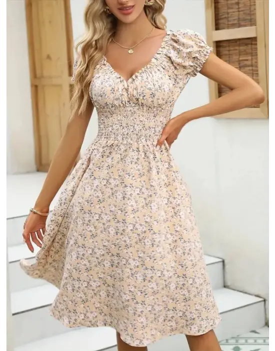 Omarı Çiçek Desenli Kruvaze Yaka Elbise