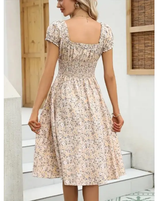 Omarı Çiçek Desenli Kruvaze Yaka Elbise