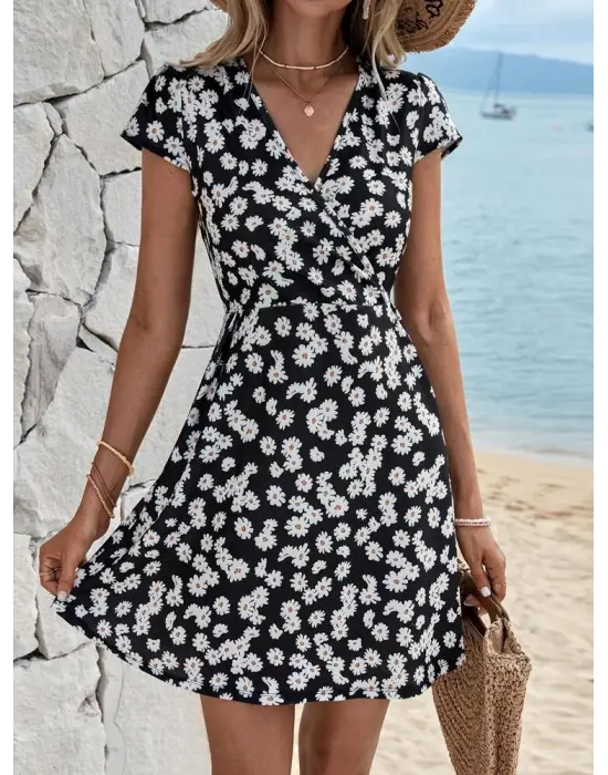 Kadın Kısa Kollu Kruvaze Yaka Papatya Baskılı Krep Elbise