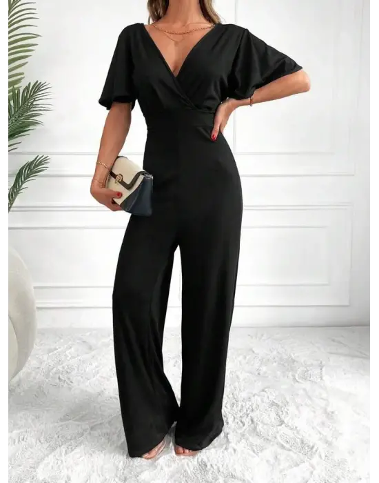 Kadın Kısa Kollu Kruvaze Yaka Sırt Dekolteli Pegasus Kumaş Tulum