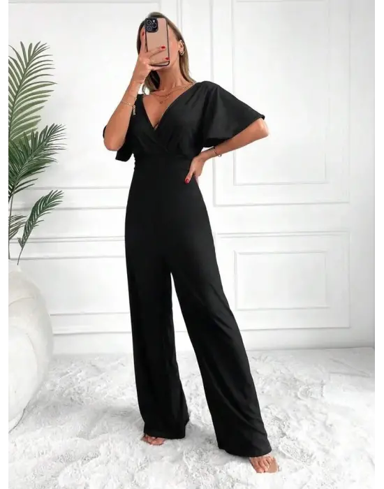 Kadın Kısa Kollu Kruvaze Yaka Sırt Dekolteli Pegasus Kumaş Tulum