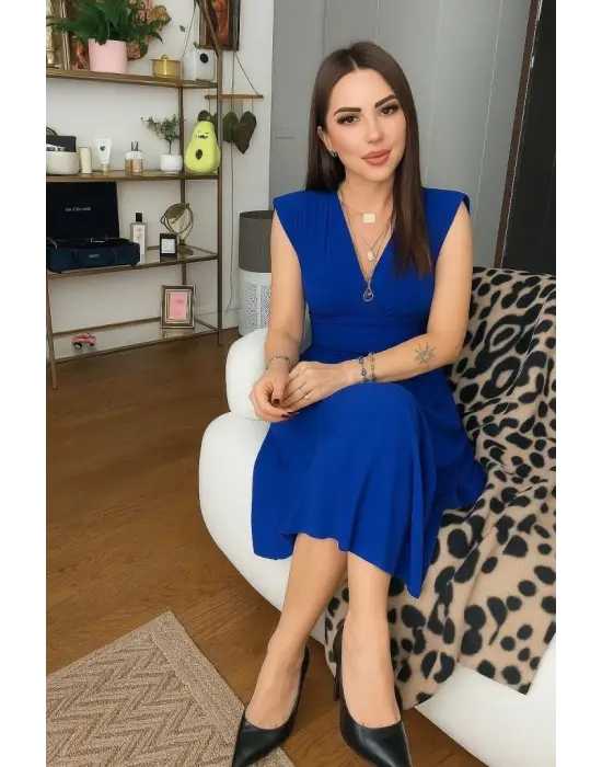 Kadın Kısa Kollu Kruvaze Yakalı Bel Korsajı Buzgulu Midi Janjan Krep Elbise