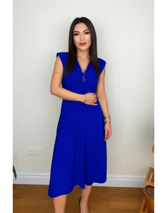 Kadın Kısa Kollu Kruvaze Yakalı Bel Korsajı Buzgulu Midi Janjan Krep Elbise