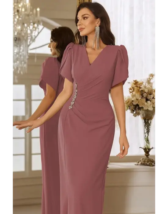 Kadın Kısa Kollu Kruvaze Yakalı Belden çiçek Aksesuarlı Yırtmaçlı Ithal Krep Elbise