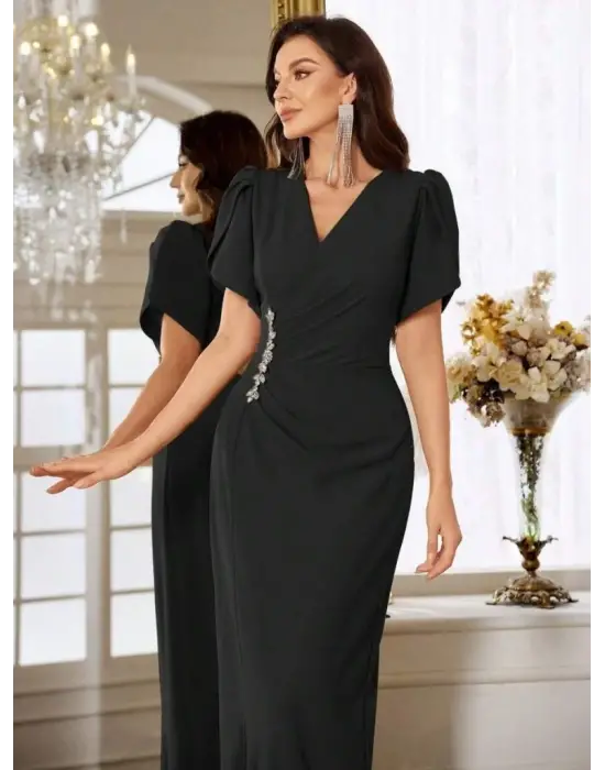 Kadın Kısa Kollu Kruvaze Yakalı Belden çiçek Aksesuarlı Yırtmaçlı Ithal Krep Elbise