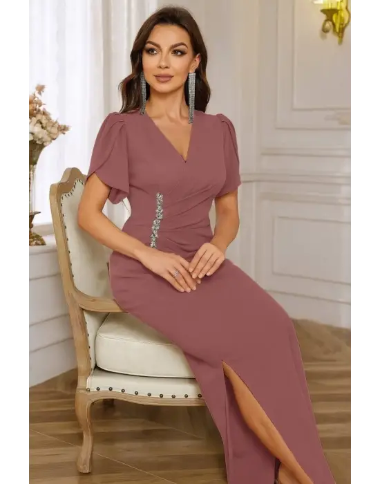 Kadın Kısa Kollu Kruvaze Yakalı Belden çiçek Aksesuarlı Yırtmaçlı Ithal Krep Elbise