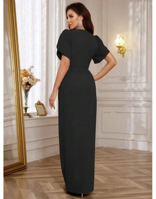 Kadın Kısa Kollu Kruvaze Yakalı Belden çiçek Aksesuarlı Yırtmaçlı Ithal Krep Elbise