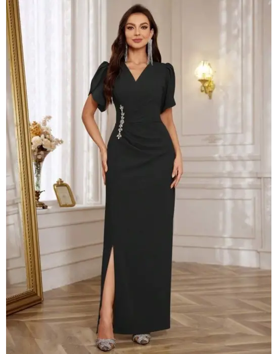 Kadın Kısa Kollu Kruvaze Yakalı Belden çiçek Aksesuarlı Yırtmaçlı Ithal Krep Elbise