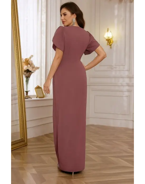 Kadın Kısa Kollu Kruvaze Yakalı Belden çiçek Aksesuarlı Yırtmaçlı Ithal Krep Elbise