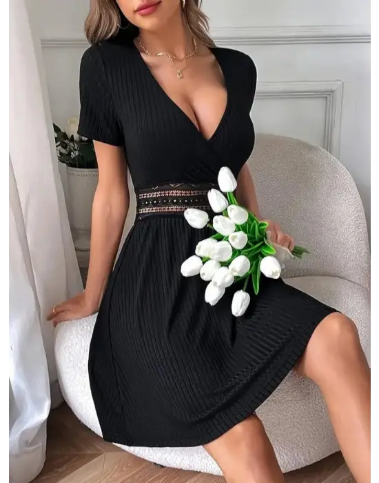 Kadın Kısa Kollu Kruvaze Yakalı Belden Dantelli Kaşkorse Elbise