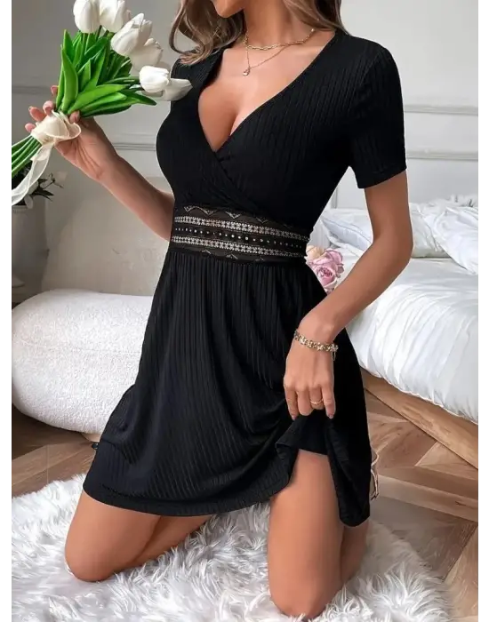 Kadın Kısa Kollu Kruvaze Yakalı Belden Dantelli Kaşkorse Elbise