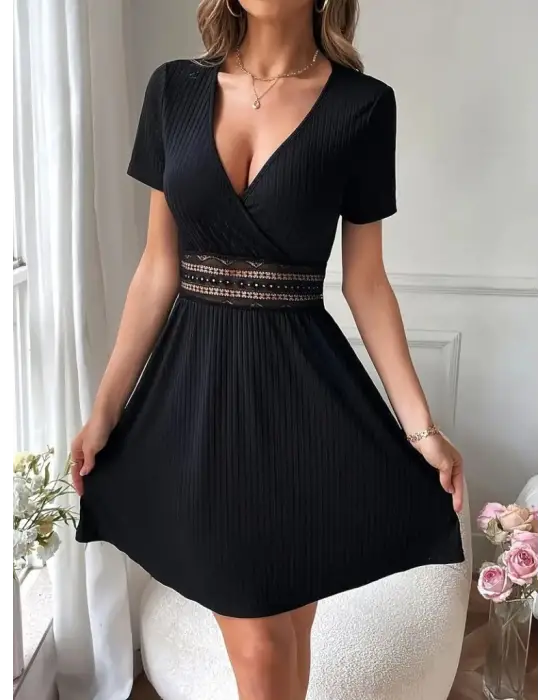 Kadın Kısa Kollu Kruvaze Yakalı Belden Dantelli Kaşkorse Elbise