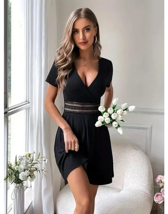 Kadın Kısa Kollu Kruvaze Yakalı Belden Dantelli Kaşkorse Elbise