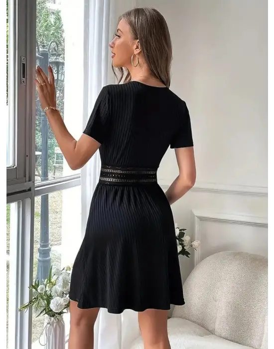 Kadın Kısa Kollu Kruvaze Yakalı Belden Dantelli Kaşkorse Elbise