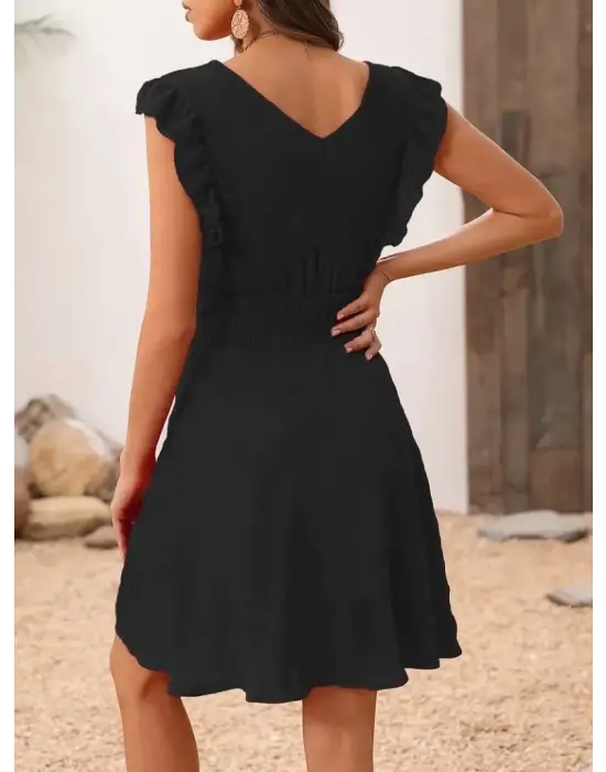 Omarı Beli Lastikli Kruvaze Yakalı Kadın Elbise