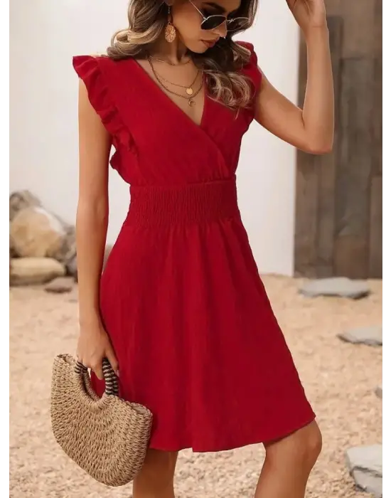 Kadın Kısa Kollu Kruvaze Yakalı Beli Lastikli Aerobin Elbise