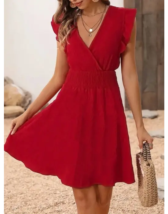 Kadın Kısa Kollu Kruvaze Yakalı Beli Lastikli Aerobin Elbise