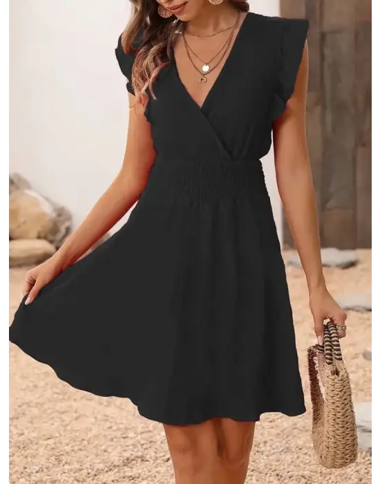 Omarı Beli Lastikli Kruvaze Yakalı Kadın Elbise