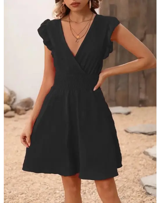 Omarı Beli Lastikli Kruvaze Yakalı Kadın Elbise