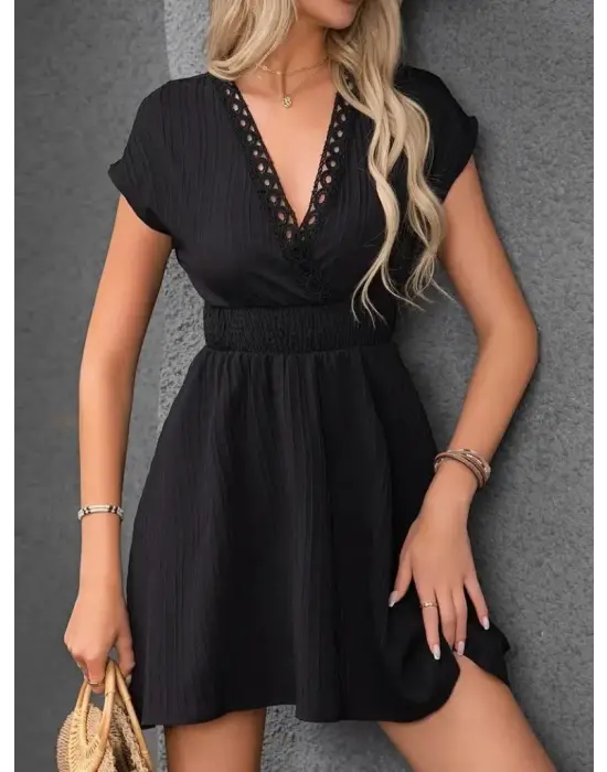 Kadın Kısa Kollu Kruvaze Yakalı Beli Lastikli Bürümcük Elbise