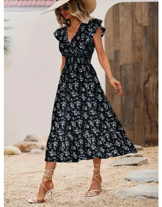 Kadın Kısa Kollu Kruvaze Yakalı Beli Lastikli çiçek Desenli Elbise