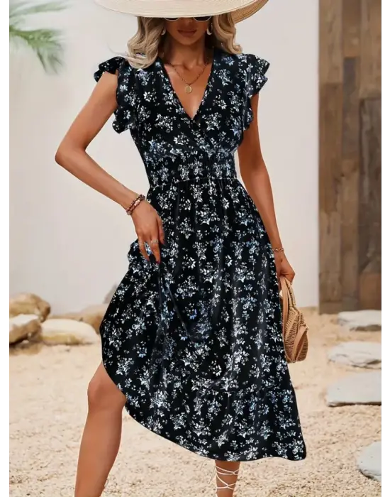 Kadın Kısa Kollu Kruvaze Yakalı Beli Lastikli çiçek Desenli Elbise