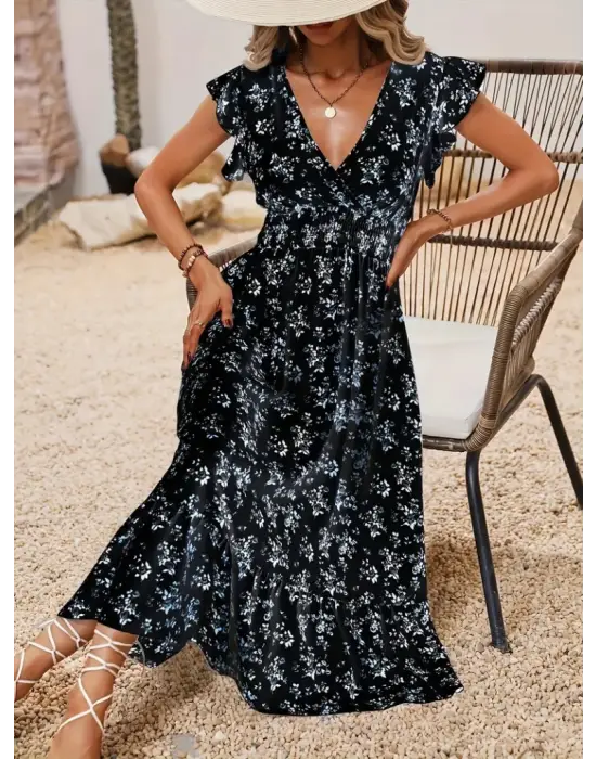 Kadın Kısa Kollu Kruvaze Yakalı Beli Lastikli çiçek Desenli Elbise