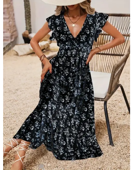 Omarı Çiçek Desenli Kruvaze Yakalı Elbise